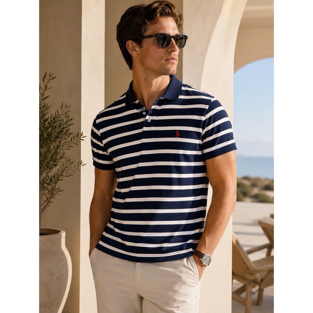 Vintage Polo Ralph Lauren Navy Blue Stripe Short Sleeve Polo Mens Size Large